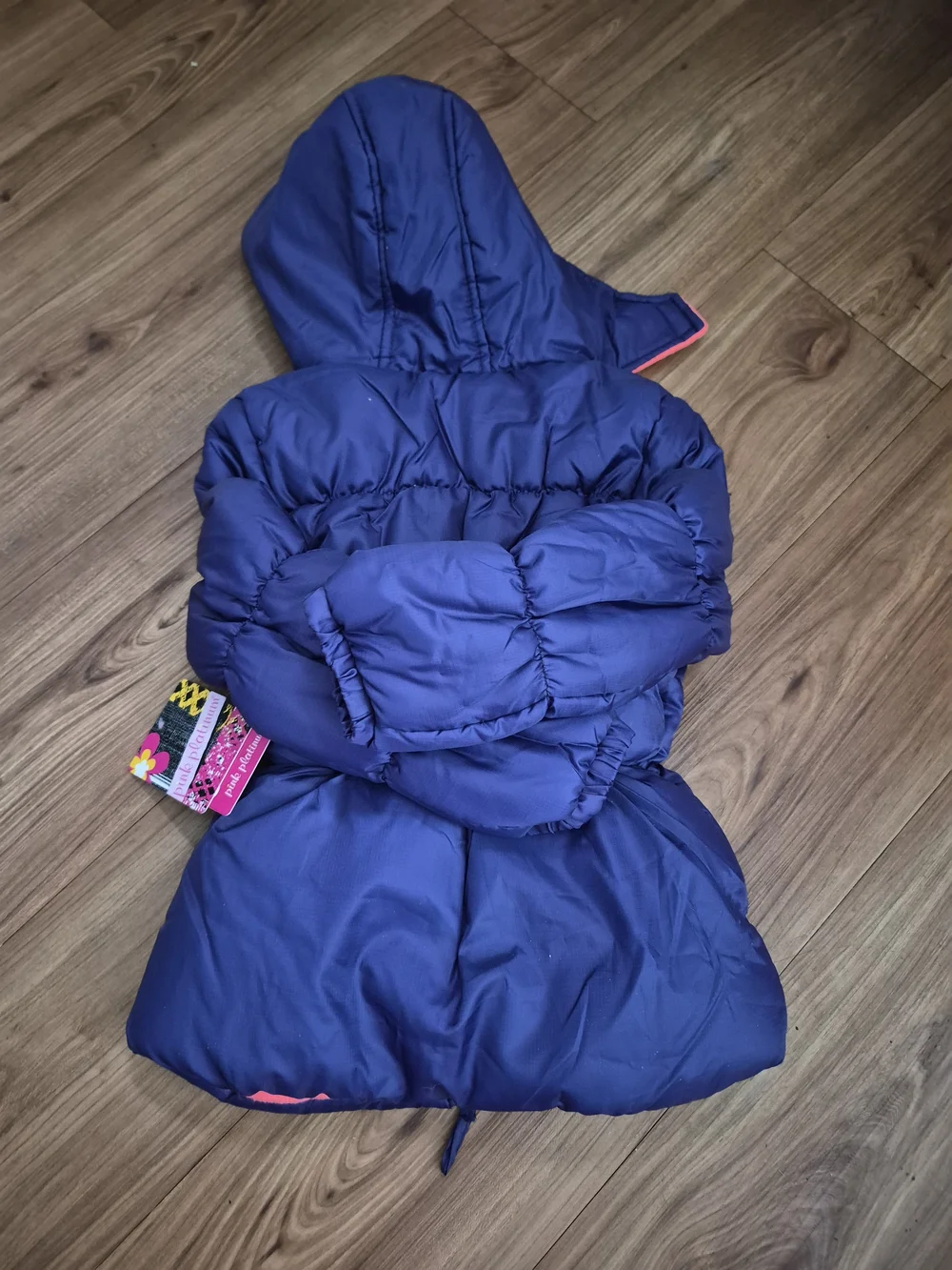 NWT Pink Platinum Kid's Navy Puffer Coat with Hood Orange Lining